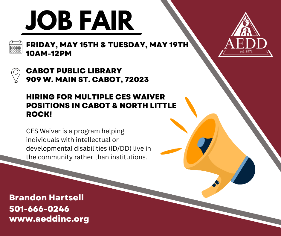 Poster announcing a Job Fair at Cabot Public Library with dates and times, plus contact info and a megaphone graphic.